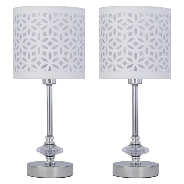 Set of 2 Chrome Jewelled Table Lamps with White Cut Out Shades