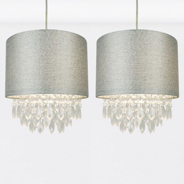 Set of 2 Sparkle Grey Faux Silk Jewelled Easy Fit Light Shades