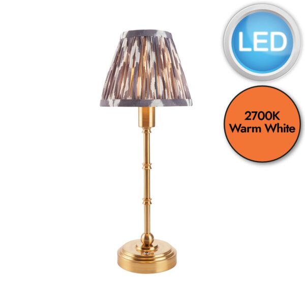 Endon Lighting - Burley Rechargeable & Ikat 16cm - 114807 - LED Aged Brass Grey Touch Table Lamp With Shade