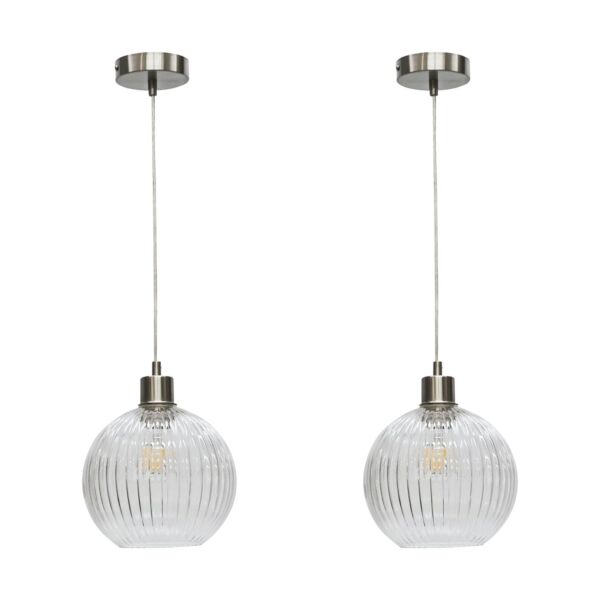 Set of 2 Betchley - Clear Ribbed Glass Globe with Satin Nickel Pendant Fittings