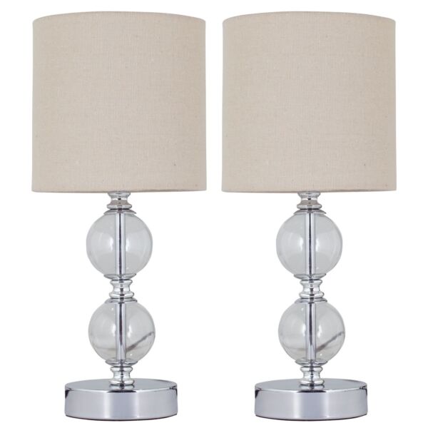 Set of 2 Chrome Two Ball Table Lamps with Natural Linen Shades