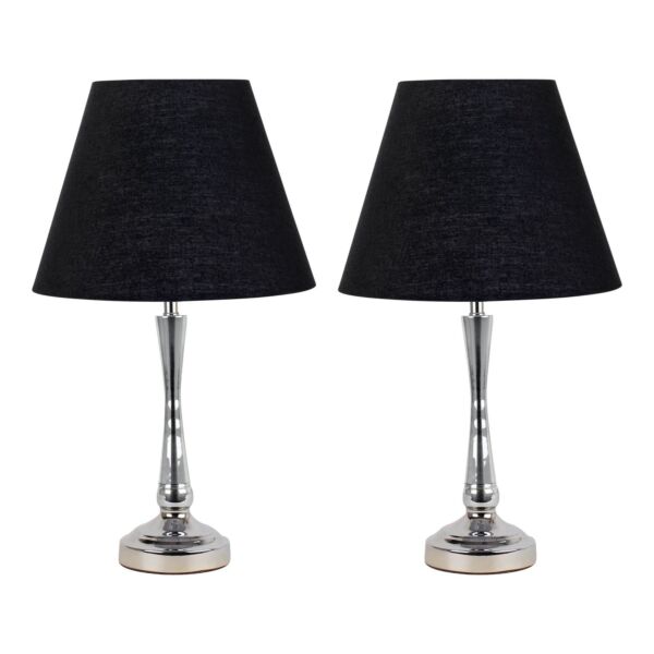 Set of 2 Chrome Table Lamps with Stem Detail and Black Shades