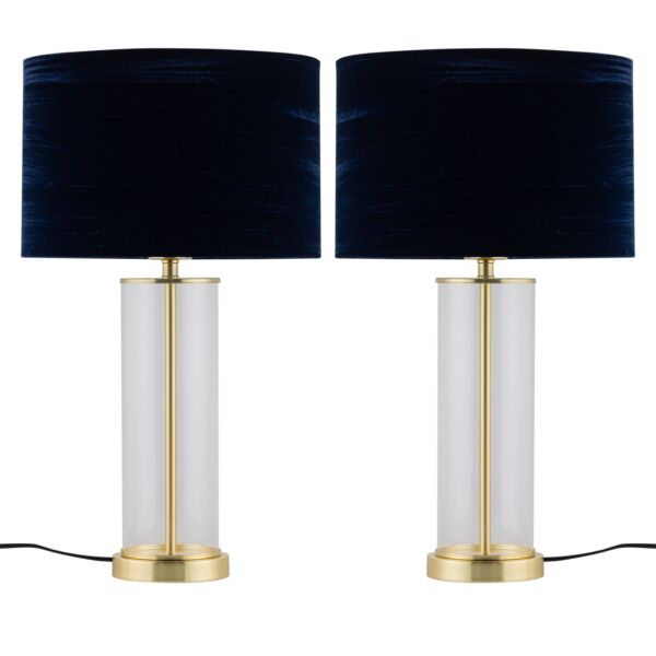 Set of 2 Aura - Satin Brass Lamps with Navy Blue Crushed Velvet Shades