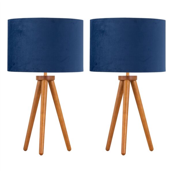 Set of 2 Dark Oak Table Lamp or Bedside Lights with Blue Velvet Shades