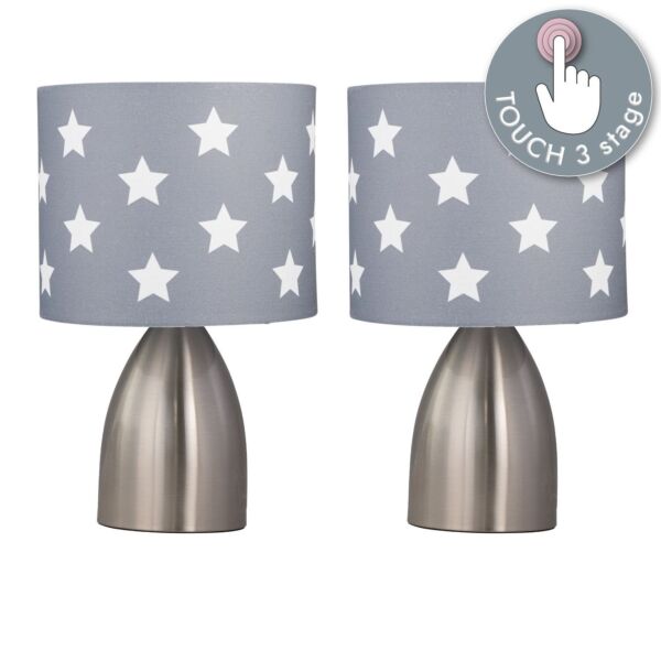 Set of 2 Valentina - Brushed Chrome Touch Lamps with Dark Grey & White Stars Shades