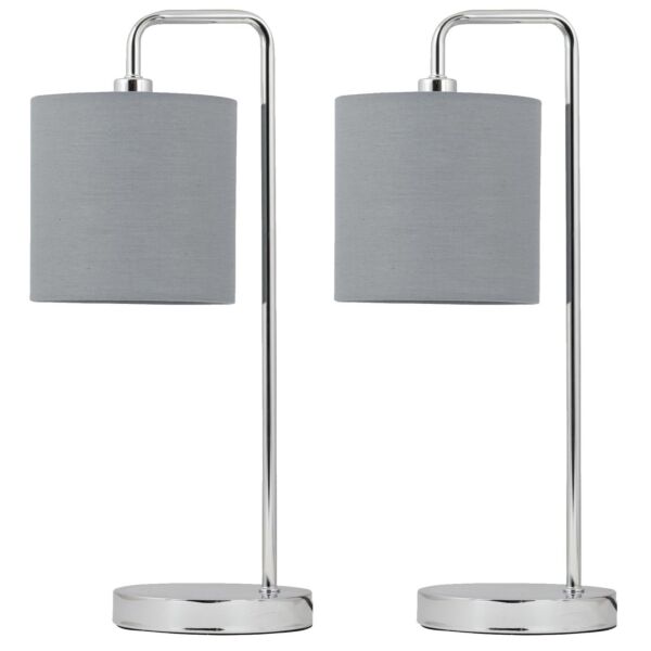 Set of 2 Chrome Arched Table Lamps with Grey Cotton Shades