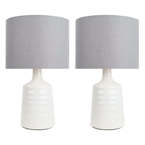 Set of 2 Ripple - Off White Ribbed Ceramic Table Lamps with Grey Fabric Shades