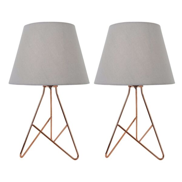 Set of 2 Tripod - Copper 42cm Table Lamps With Grey Fabric Shades