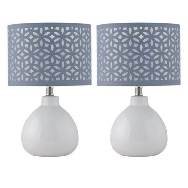 Set of 2 Tuscan - White Ceramic Lamps with Grey Cut Out Shade