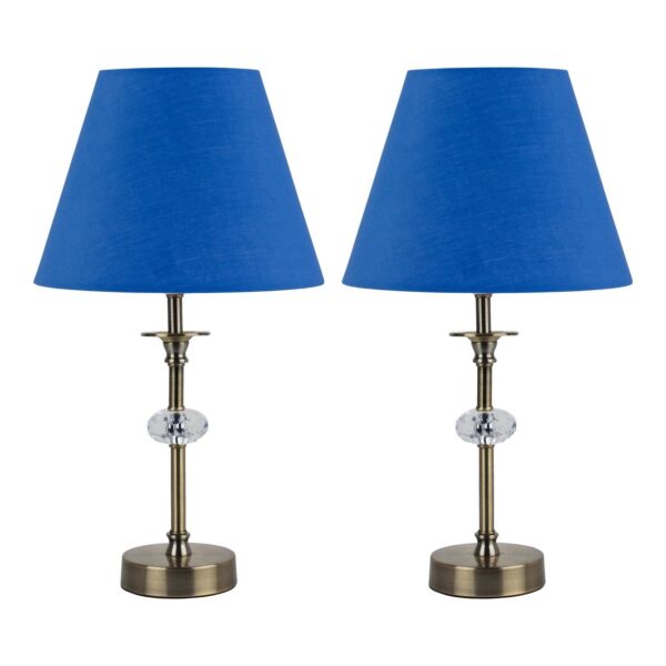 Set of 2 Antique Brass Lamps with Facet Detail and Royal Blue Shades