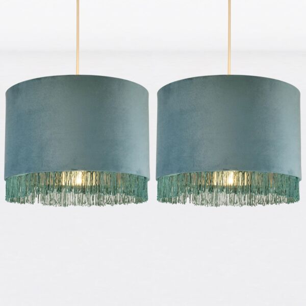 Set of 2 Teal Velvet With Chrome Inner Tassled Light Shades