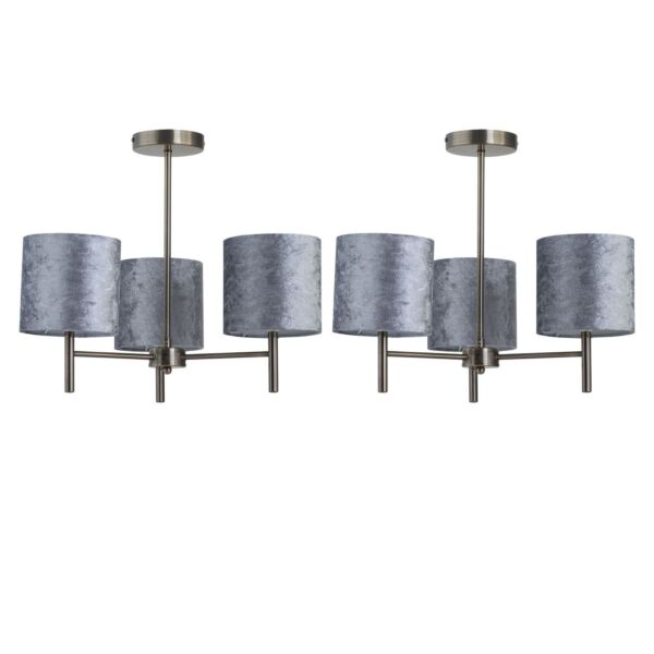 Set of 2 Brea - Antique Brass Light Fittings with Grey Velvet Shades