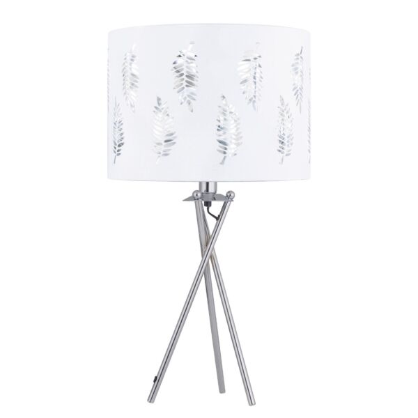 Chrome Tripod Table Lamp with White Fern Cut Out Shade