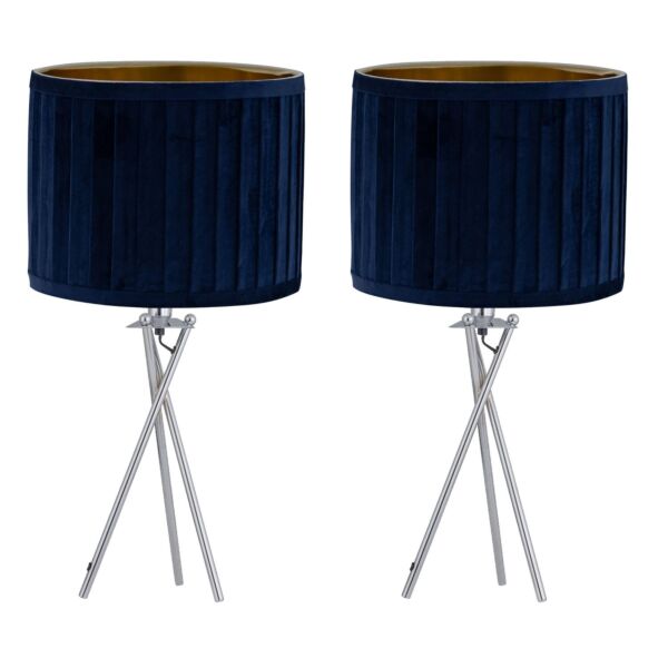 Set of 2 Sundance - Chrome Tripod Table Lamps with Navy Blue Pleated Velvet Shades