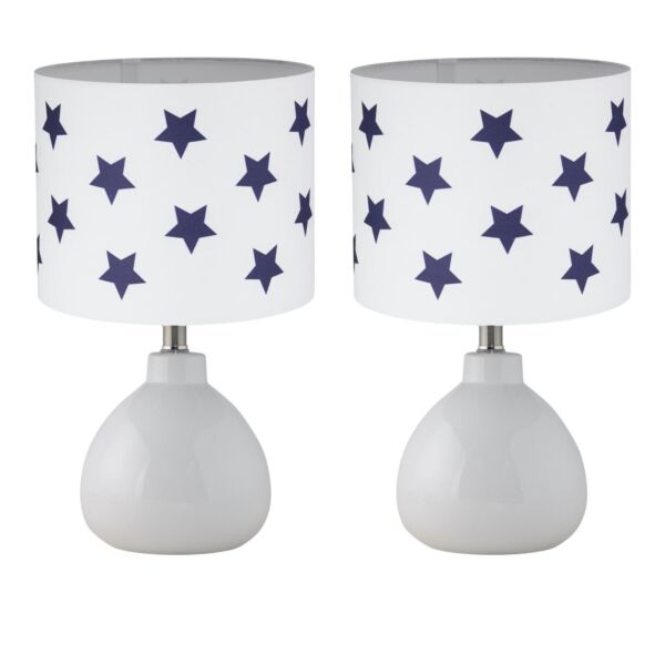 Set of 2 Tuscan - White Ceramic Lamps with White & Blue Stars Shade