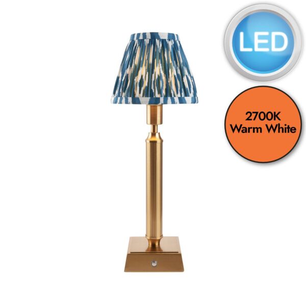 Endon Lighting - Trobridge Rechargeable & Ikat 16cm - 114867 - LED Aged Brass Blue Touch Table Lamp With Shade