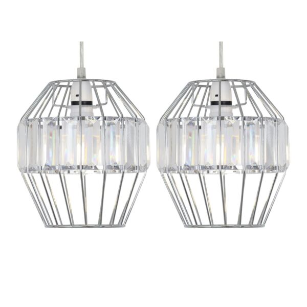 Set of 2 Beaded - Chrome Cage Pendant Shade with Clear Prism Detail