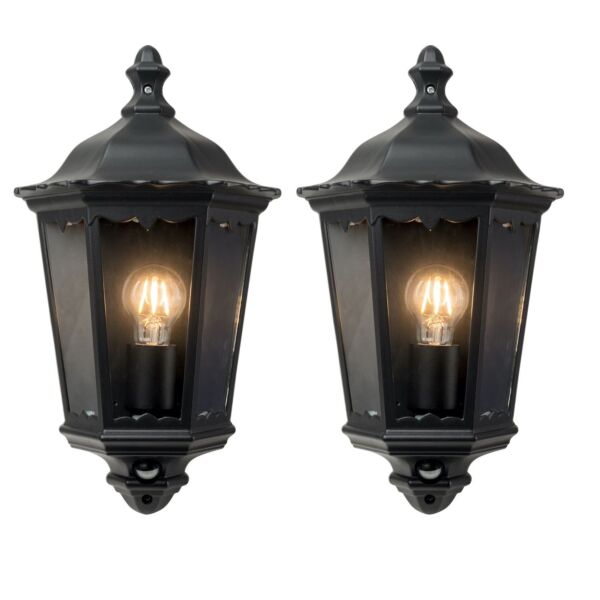 Set of 2 Sienna - Black with Clear Glass IP44 Outdoor Half Lantern Wall Lights with PIR Motion Sensor