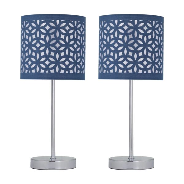 Set of 2 Chrome Stick Table Lamps with Navy Blue Laser Cut Shades