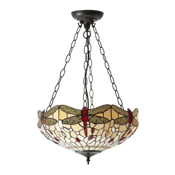 Interiors 1900 - Dragonfly - 70759 - Dark Bronze Tiffany Glass 3 Light Ceiling Pendant Light