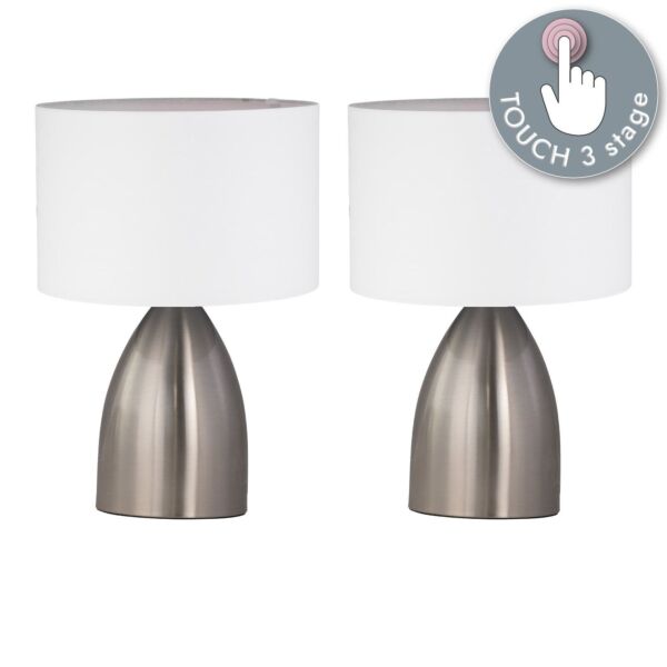 Set of 2 Valentina - Brushed Chrome Touch Lamps with White Shades