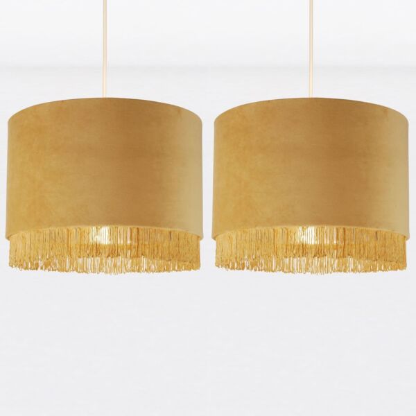 Set of 2 Sand Velvet With Chrome Inner Tassled Light Shades