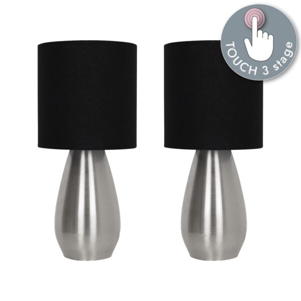 Set of 2 Bullet - Satin Nickel Touch Table Lamps with Black Fabric Shades