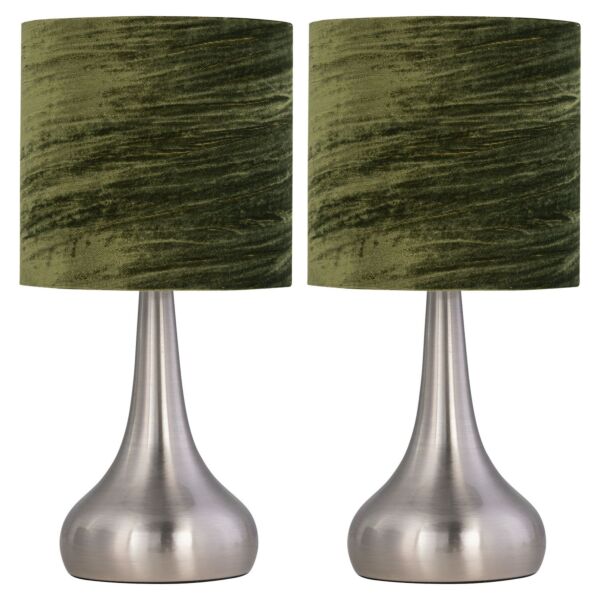 Set of 2 Romana - Brushed Chrome Touch Operated Table Lamps Bedside Lights Dark Green Crushed Velvet Shade