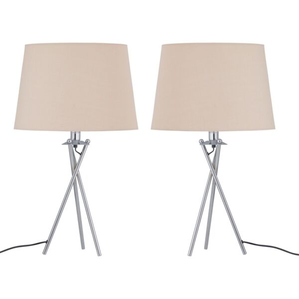 Set of 2 Tripod Table Lamps with Natural Cotton Fabric Shades