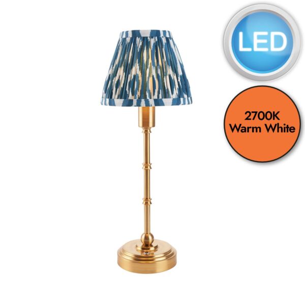 Endon Lighting - Burley Rechargeable & Ikat 16cm - 114808 - LED Aged Brass Blue Touch Table Lamp With Shade