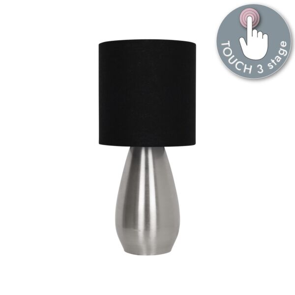 Bullet - Satin Nickel Touch Table Lamp with Black Fabric Shade