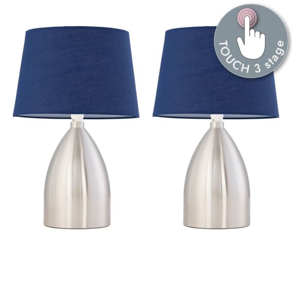 Set of 2 Valentina - Brushed Chrome Touch Lamps with Navy Blue Cotton Shades