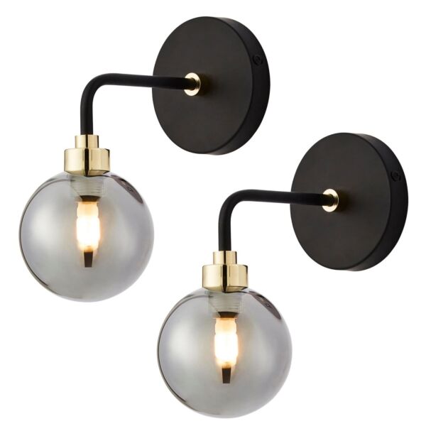 Set of 2 Matt Black and Smoked Glass Wall Lights