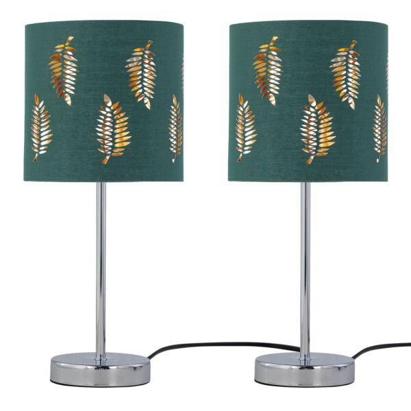 Set of 2 Chrome Stick Table Lamps with Dark Green Fern Cut Out Shades