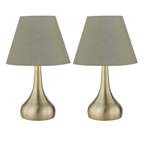 Set of 2 Romana - Antique Brass Touch Lamps with Sage Green Shades