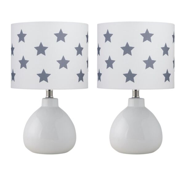 Set of 2 Tuscan - White Ceramic Lamps with White & Grey Stars Shade