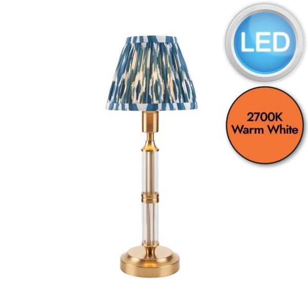 Endon Lighting - Morton Rechargeable & Ikat 16cm - 114846 - LED Aged Brass Blue Touch Table Lamp With Shade