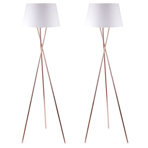 Pair Copper Tripod Floor Lamp with White Fabric Shade