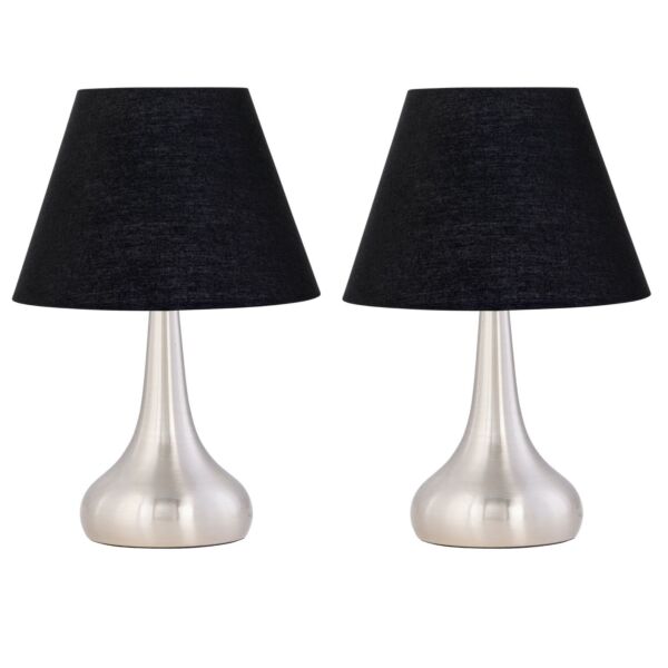 Set of 2 Romana - Brushed Chrome Touch Table Lamps with Black Shades