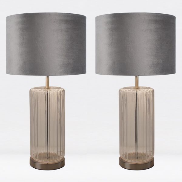 Set of 2 Clear Fluted Glass Lamps with Grey Velvet Shades