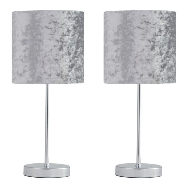 Set of 2 Chrome Stick Table Lamps with Grey Crushed Velvet Shades