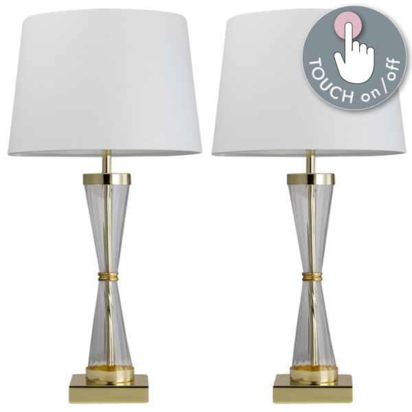 Set of 2 Gold Touch Lamps with White Cotton Shades