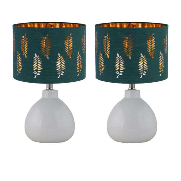 Set of 2 Tuscan - White Ceramic Lamps with Dark Green Fern Shade