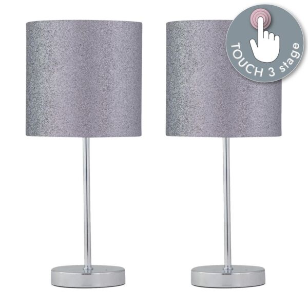 Set of 2 Chrome Touch Operated Table Lamp with Silver Glitter Shades