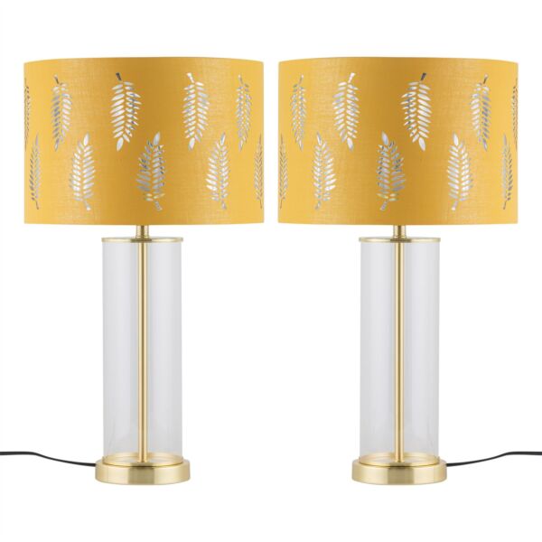 Set of 2 Aura - Satin Brass Lamps with Ochre Fern Cut Out Shades