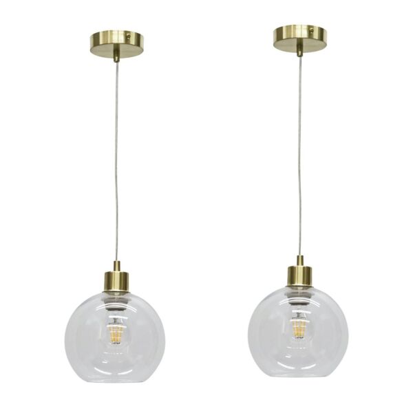 Set of 2 Barnum - Clear Glass Globe with Satin Brass Pendant Fittings