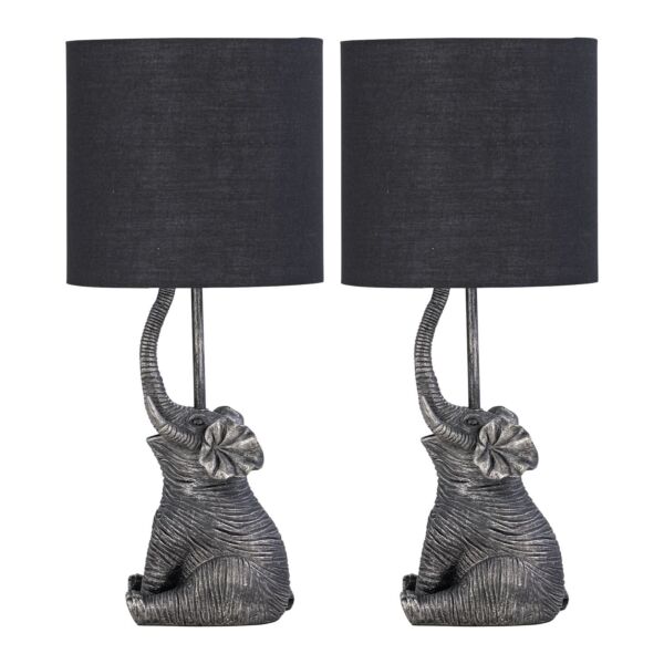 Set of 2 Elephant - Black Resin Table Lamps With Black Fabric Shades