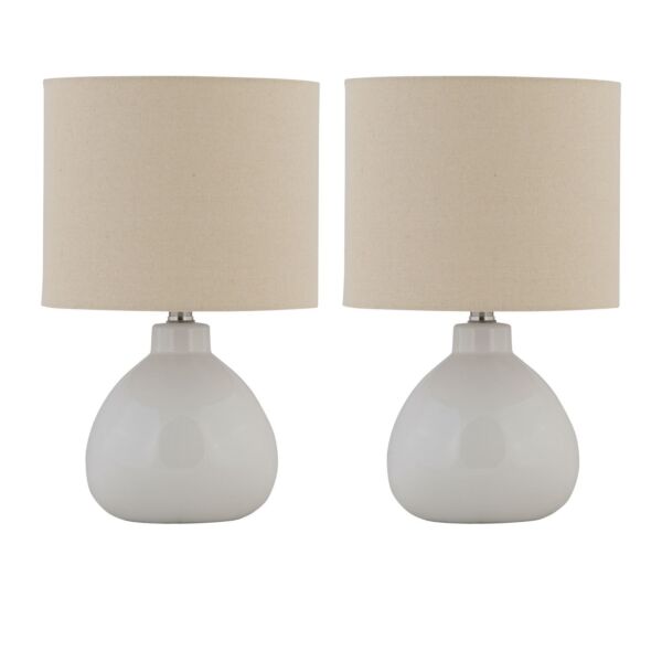 Set of 2 Tuscan - White Ceramic Lamps with Natural Linen Shade