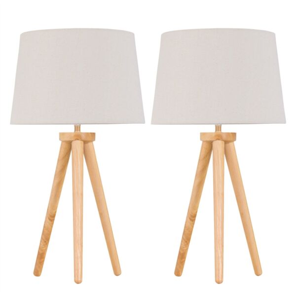 Set of 2 Light Oak Table Lamp Bedside Lights with Natural Linen Shades