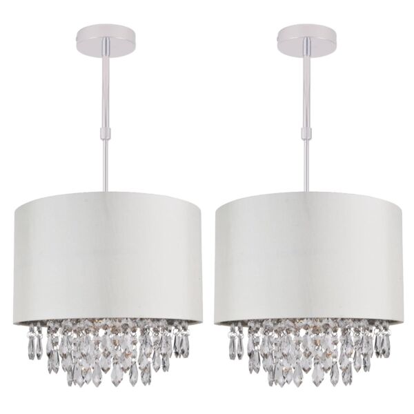 Set of 2 300mm Cream Faux Silk Ceiling Adjustable Flush Shade with Chrome Inner and Clear Droplets